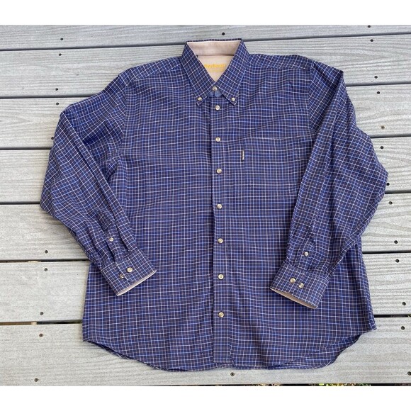 Barbour Mens Large Country Check Shirt Navy Blue Tan Plaid Cotton Corduroy Cuffs - Picture 2 of 14
